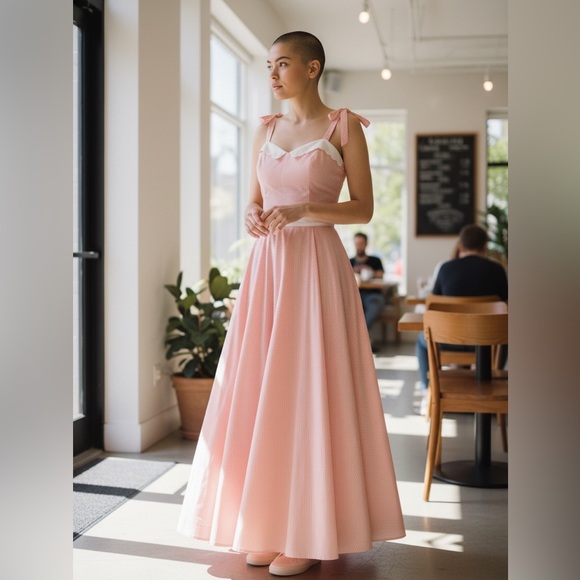 Vintage 70s Prairie Pink Swiss Dot Maxi Dress Women’s XS Peach Full Circle - Picture 1 of 13